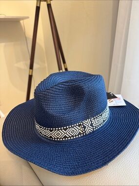 Navy Straw Sun Hat with Patterned Band